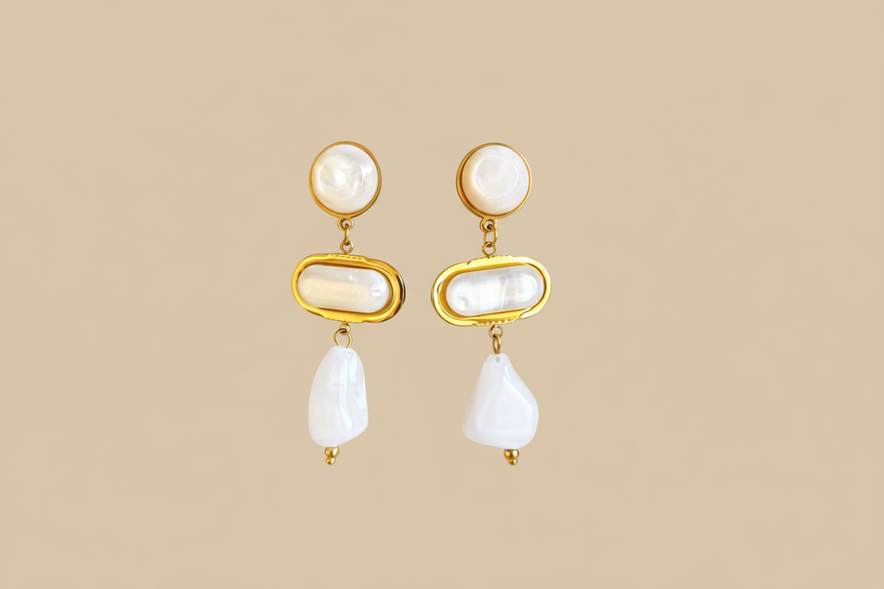 Boucles d'oreilles pendantes avec pierres rondes ovale en résine blanche - Rêve de Rose