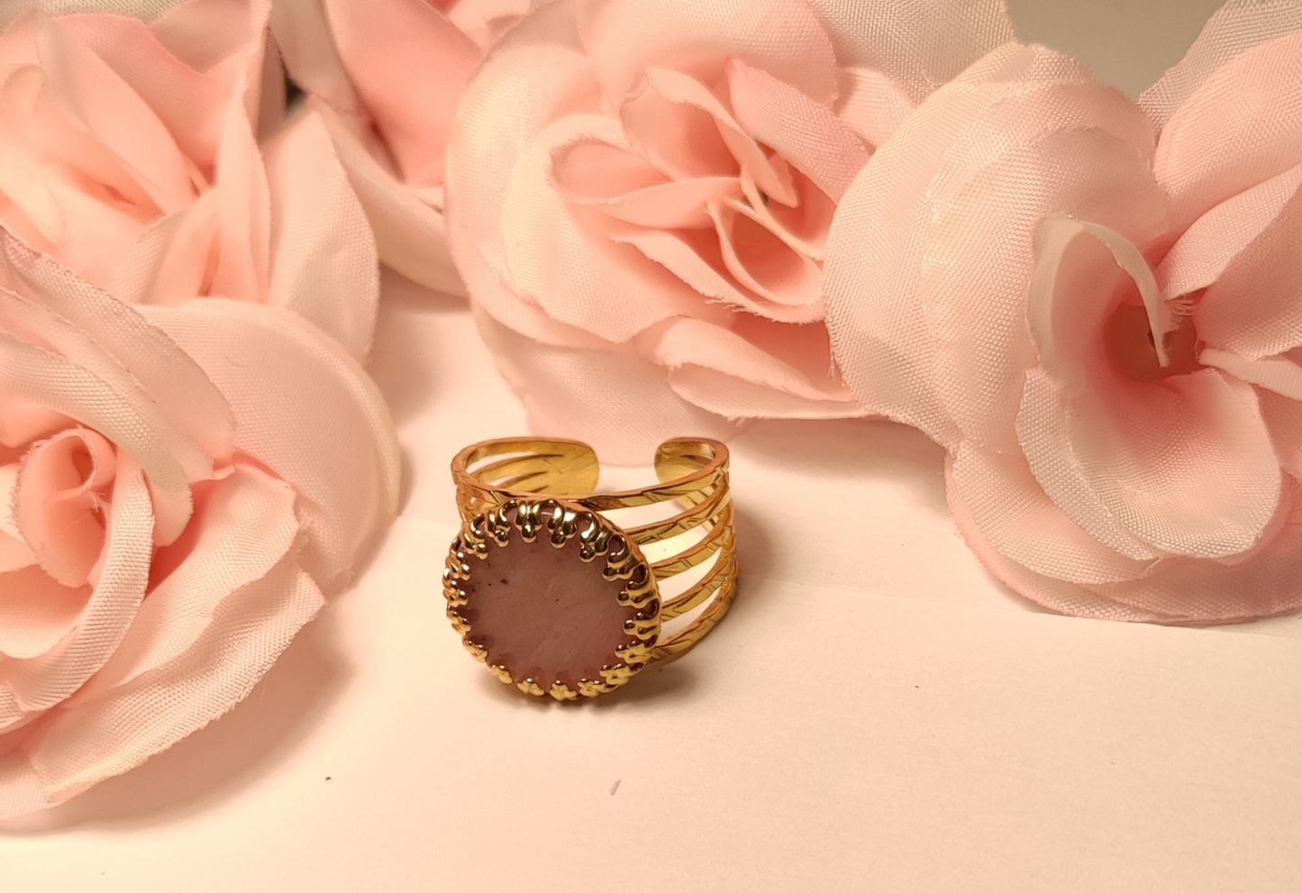 Bague Dorée Pierre Naturelle Bleue Rose Acier Inoxydable - Rêve de Rose