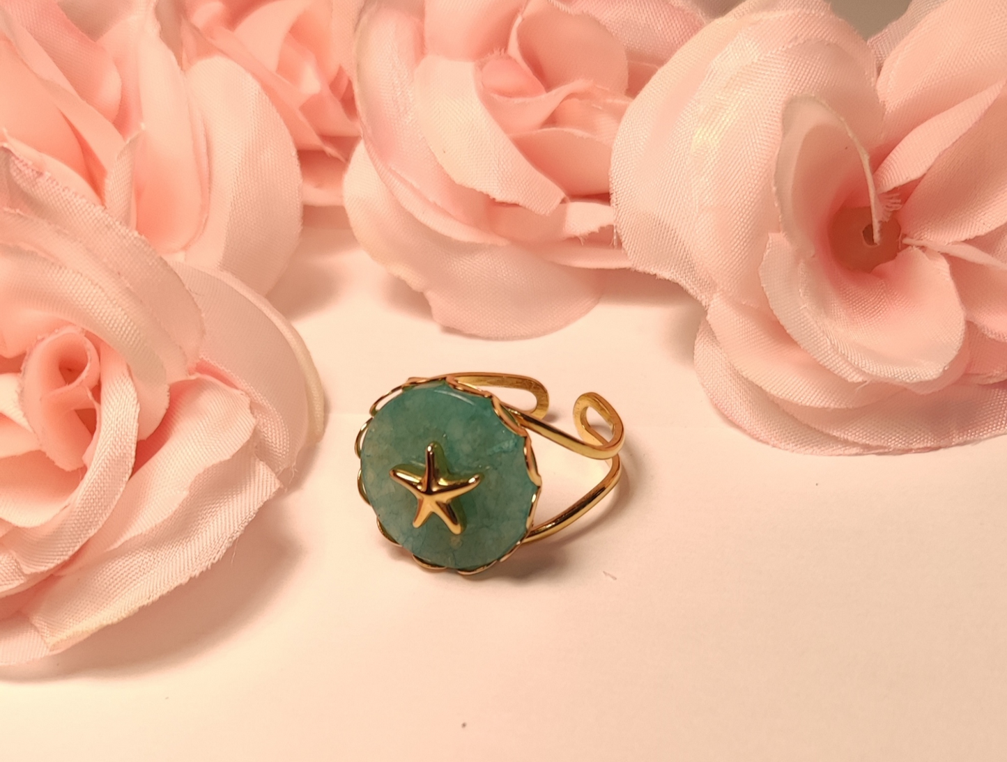 Bague Ajustable Dorée Pierre Naturelle Étoile Acier Inoxydable - Rêve de Rose