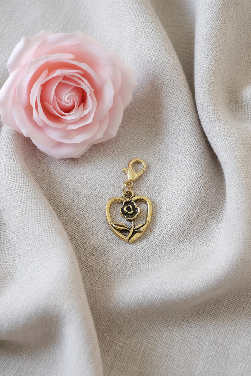 Charm cœur et rose avec fermoir