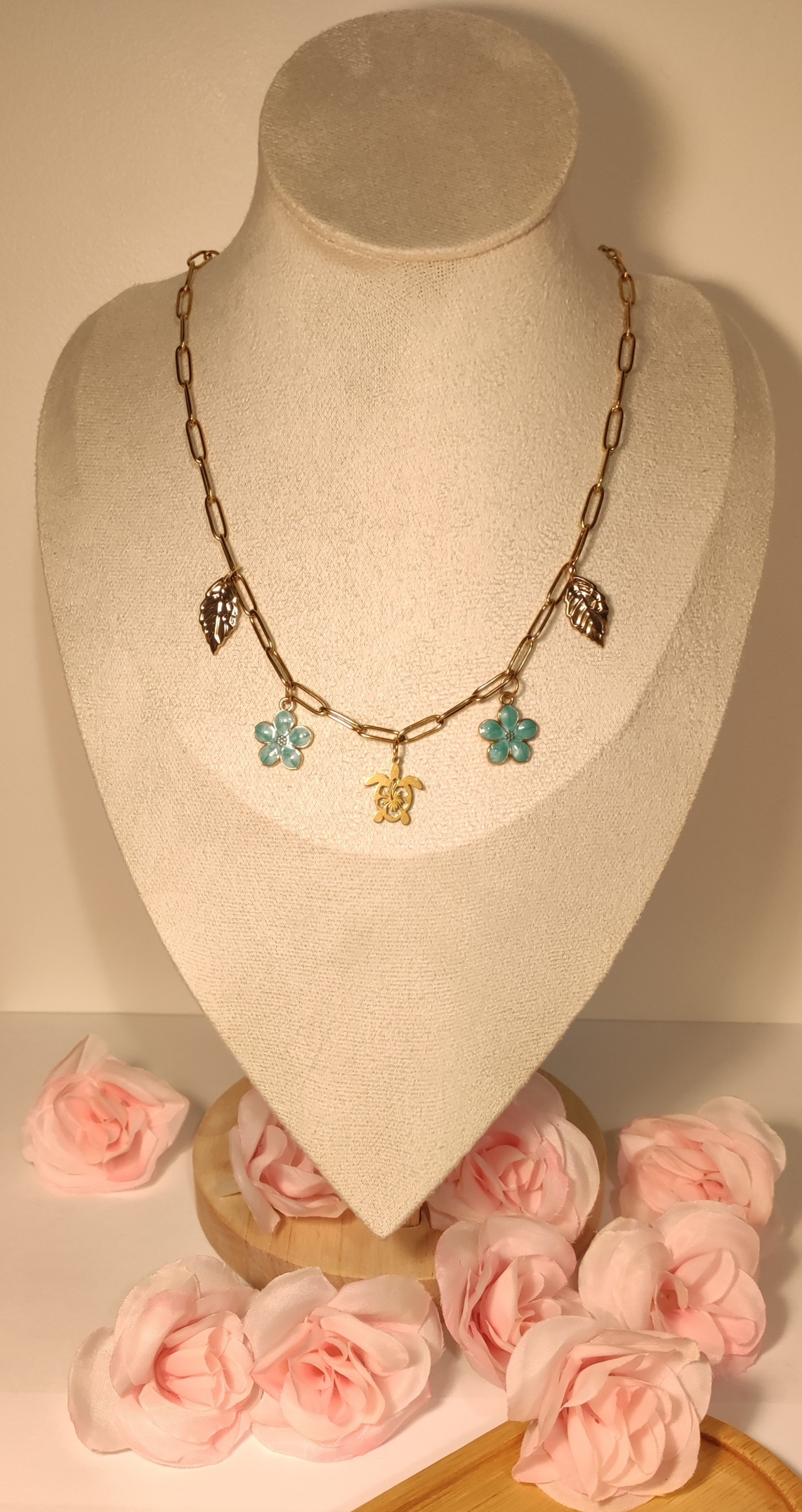 Collier Doré Tortue et Fleurs Turquoise - Rêve de Rose
