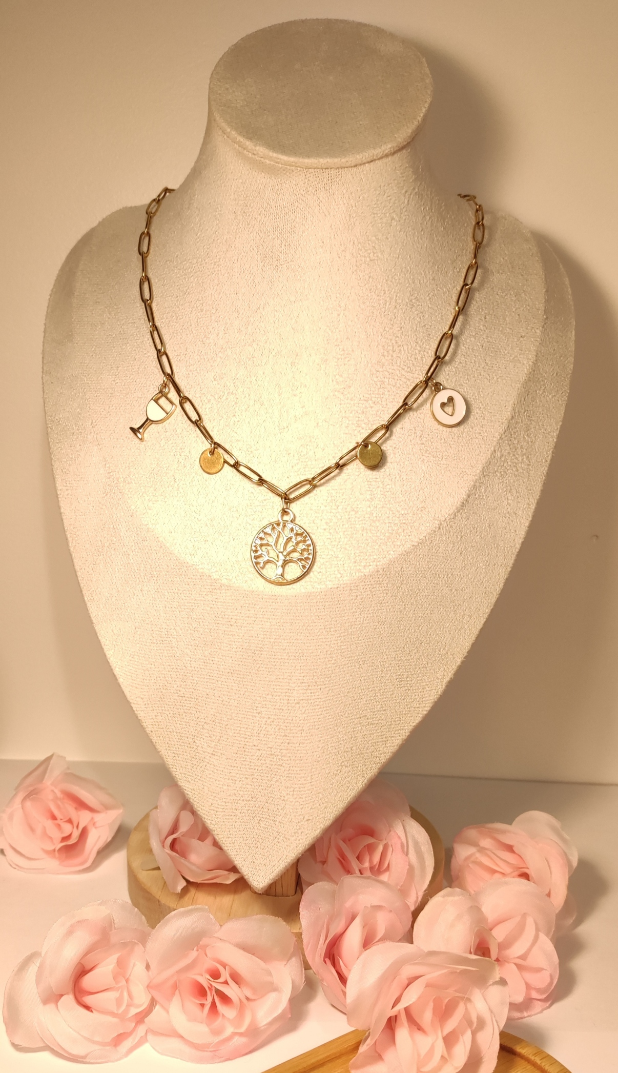 Collier Doré 5 Charms Arbre de Vie Blanc et Cœur - Rêve de Rose