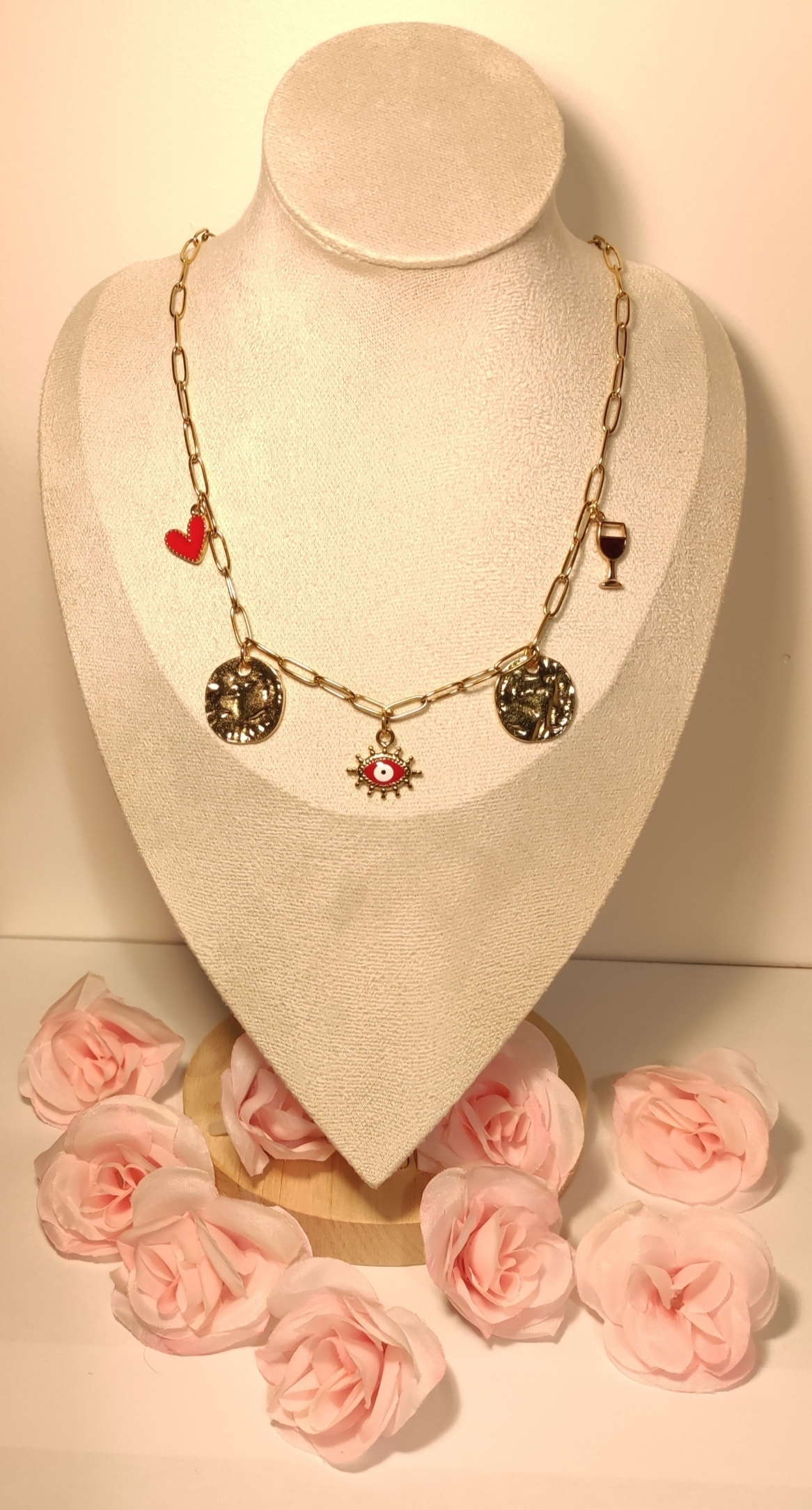 Collier Doré 5 Charms Dorés et Rouges - Rêve de Rose