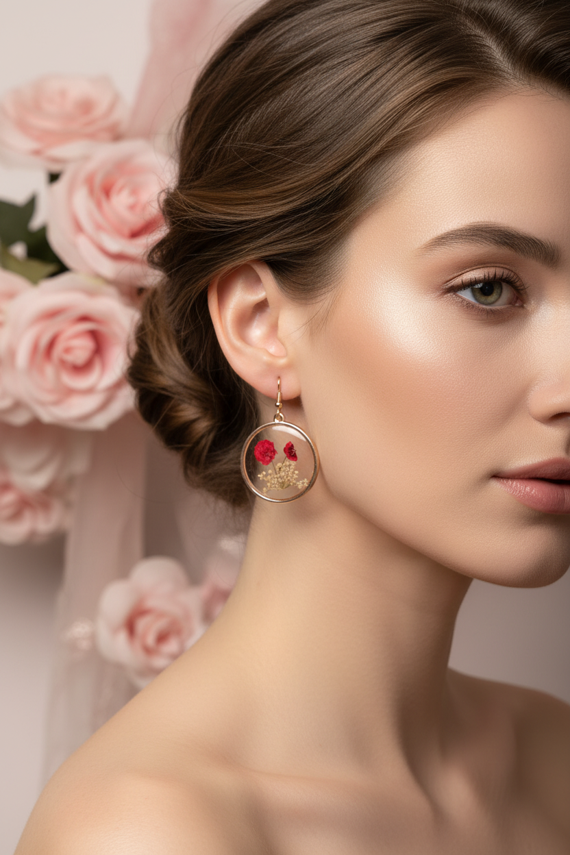 Boucles d'Oreilles Rondes Dorées Fleurs Séchées Rouges - Rêve de Rose