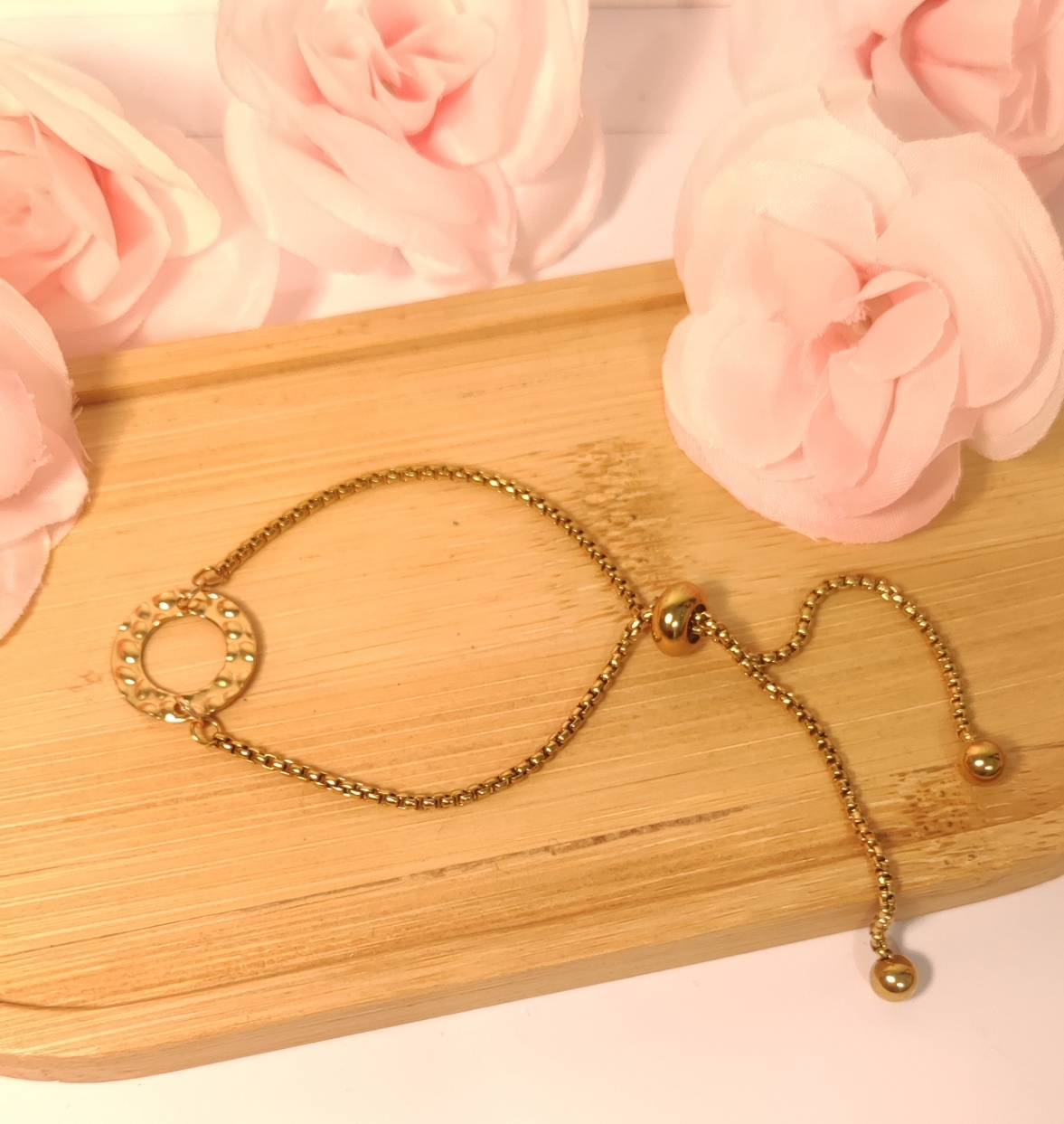 Bracelet Ajustable Pendentif Cercle Martelé Main - Rêve de Rose