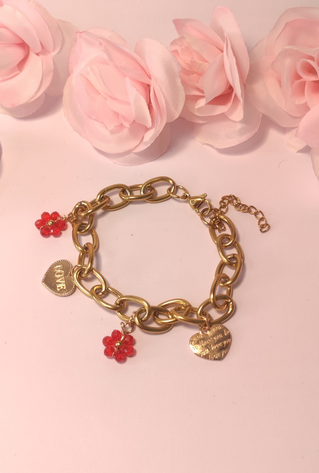 Bracelet 4 Charms Fleurs Rouge et Cœurs - Rêve de Rose