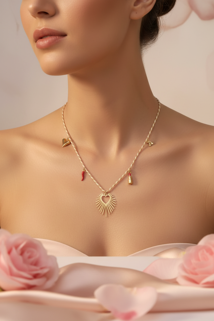 Collier Cordon Blanc Or 5 Charms Rouge Doré - Cœur Soleil Cerises Piment - Rêve de Rose