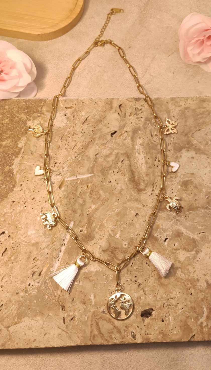 Collier Charms Doré Acier Inoxydable - 9 Breloques Voyage & Nature - Rêve de Rose