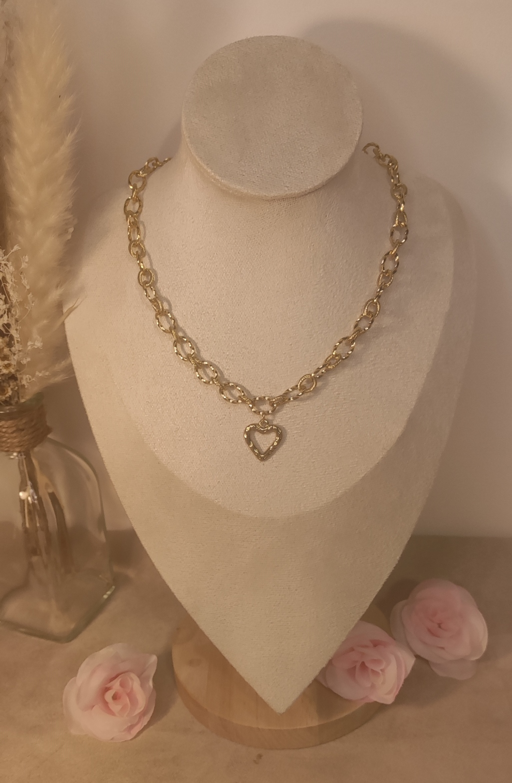 Collier Maillon Travaillé Acier Inoxydable Doré avec Charm Cœur Martelé - Rêve deRose