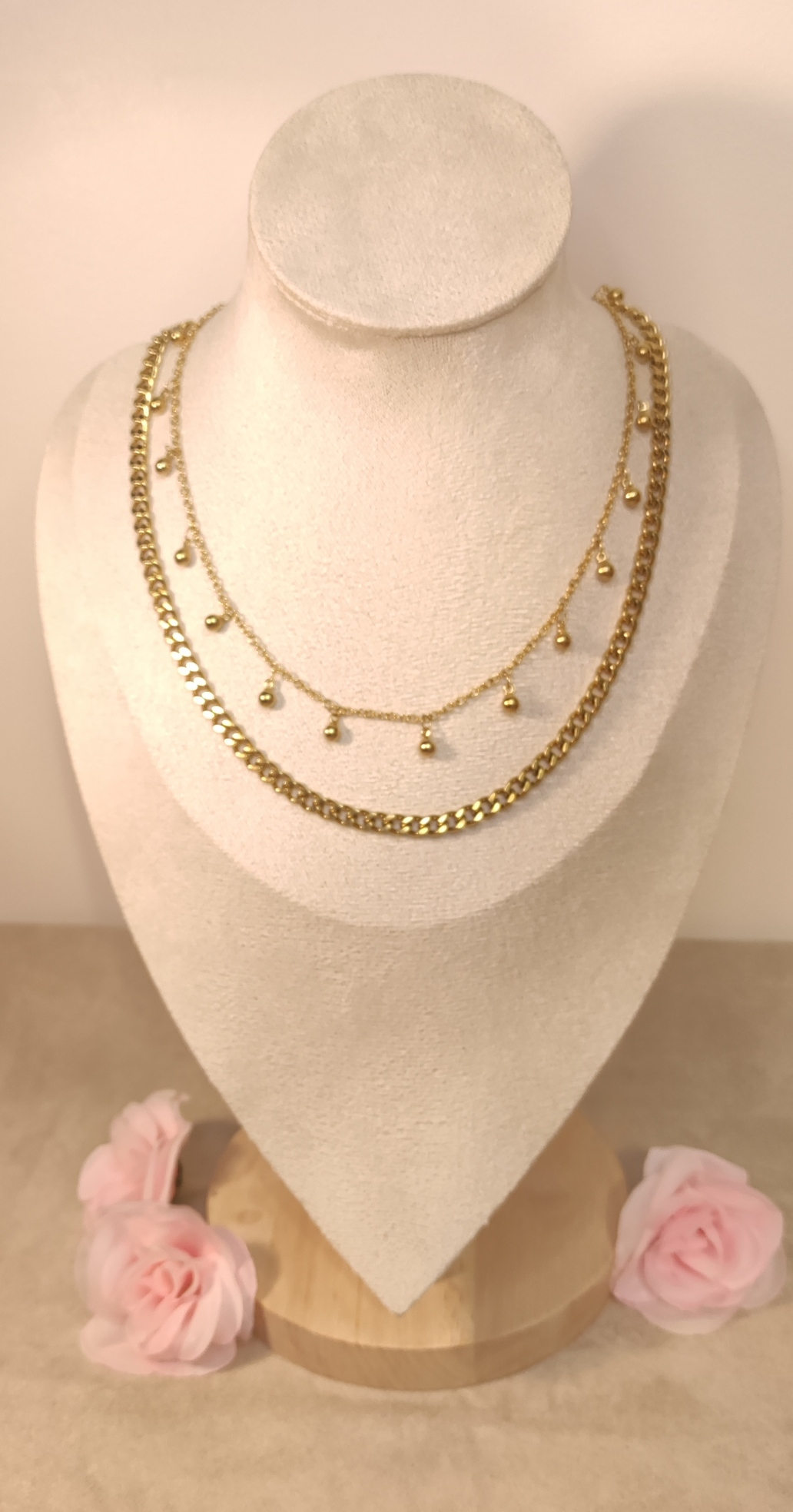 Collier Double Chaîne Doré - Perles Pendantes - Rêve de Rose