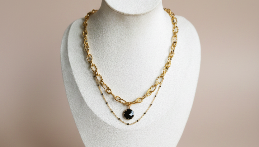 Collier Zara - Double Chaîne Acier Inoxydable Doré & Noir