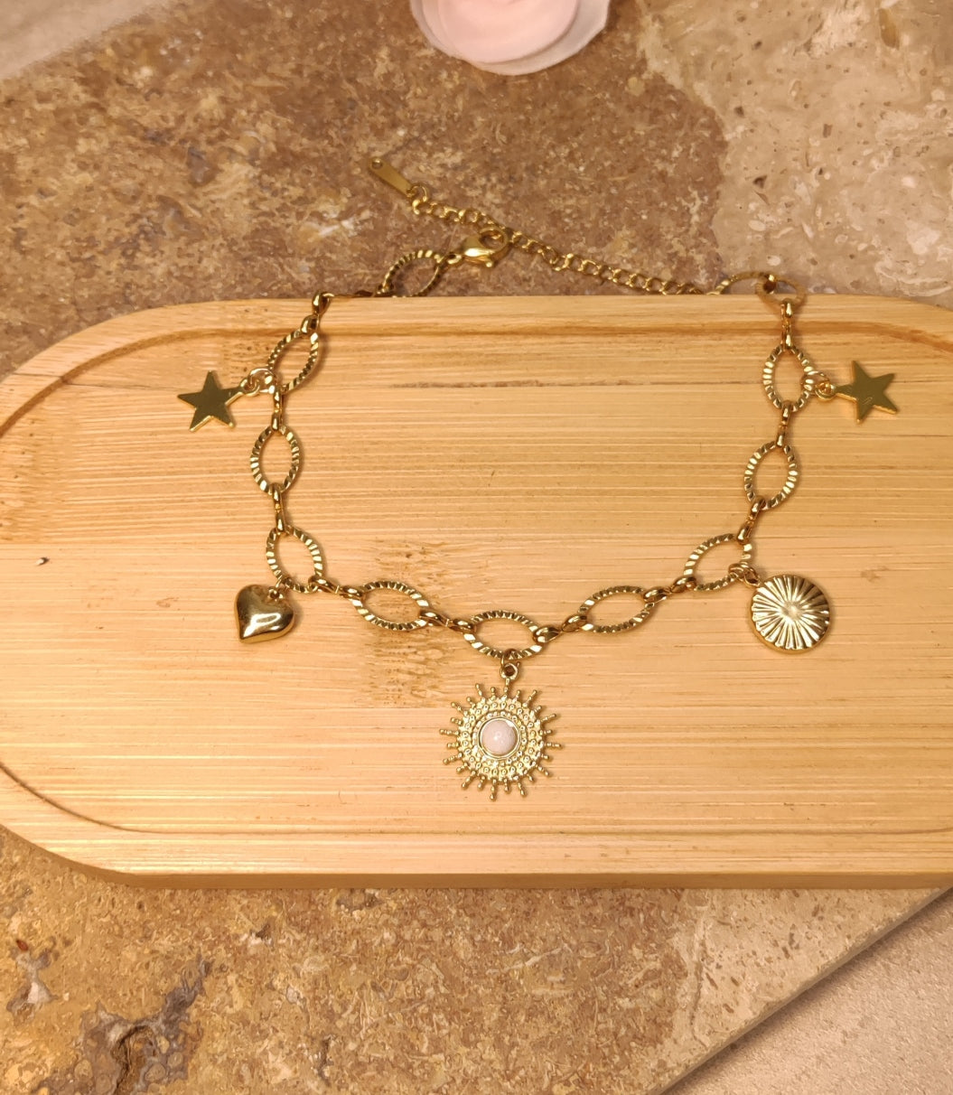 Bracelet Charms Soleil Étoiles Cœur - Acier Inoxydable Doré - Rêve de Rose