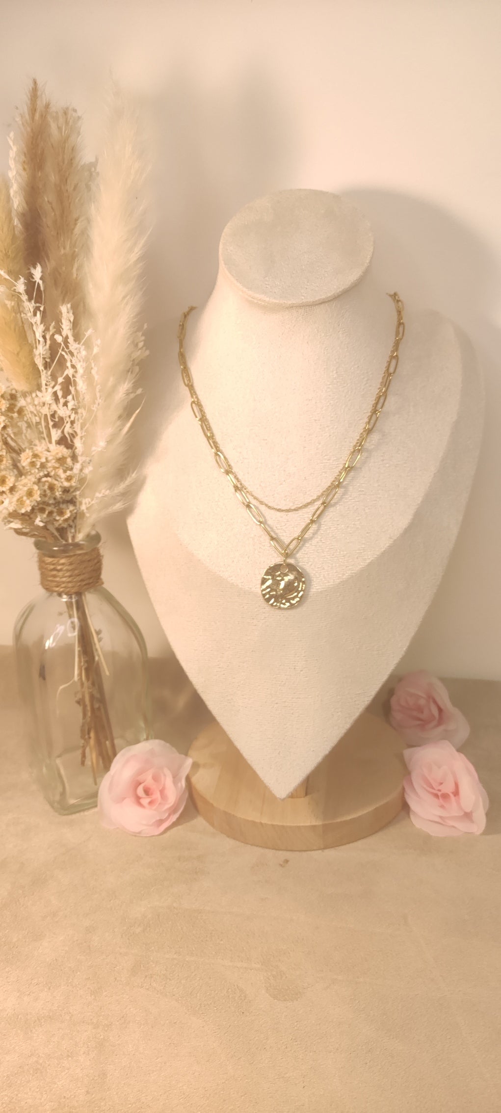 Collier Double Chaîne Dorée avec Pièce Martelée - Rêve de Rose