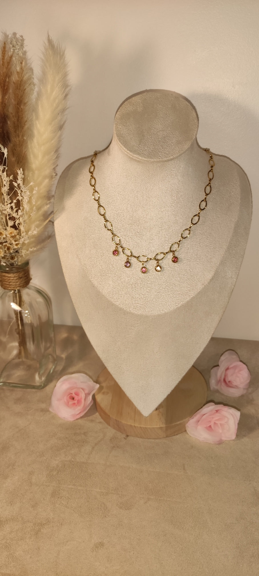 Collier Maillons Travaillés Acier Doré 5 Pierres Roses - Rêve de Rose