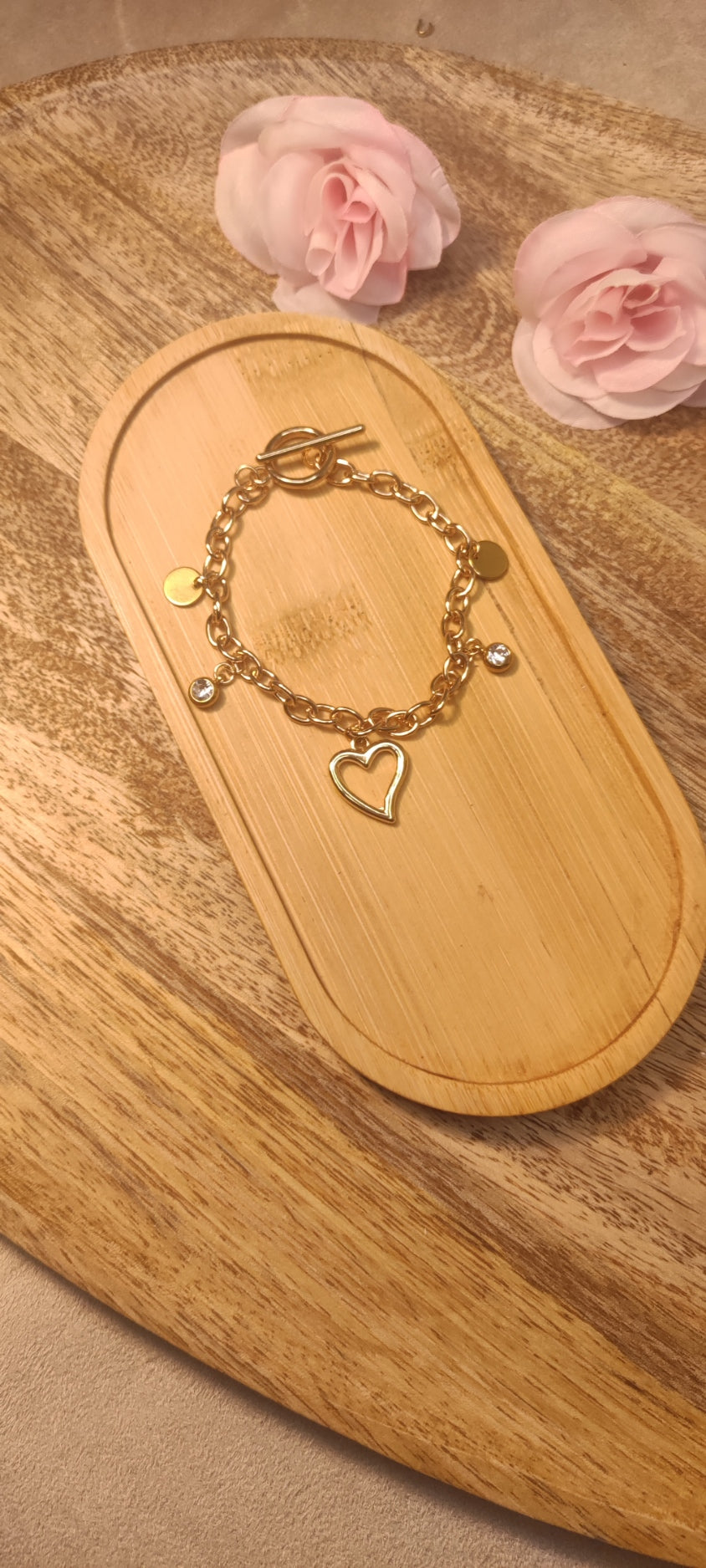 Bracelet 5 Charms Cœur Pierres Scintillantes Blanches et Pièces Dorées - Rêve de Rose