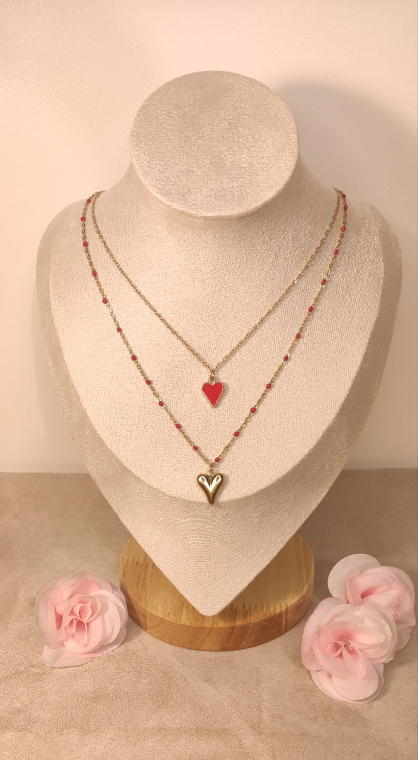 Collier Double Chaînes Dorées Cœurs Rouges et Perles - Rêve de Rose