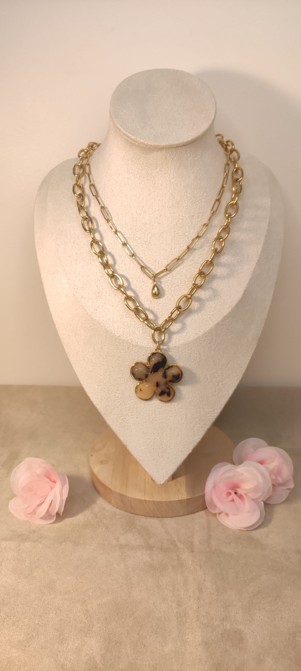 Collier Double Chaînes Maillons Fleur Léopard et Larme Dorée - Rêve de Rose