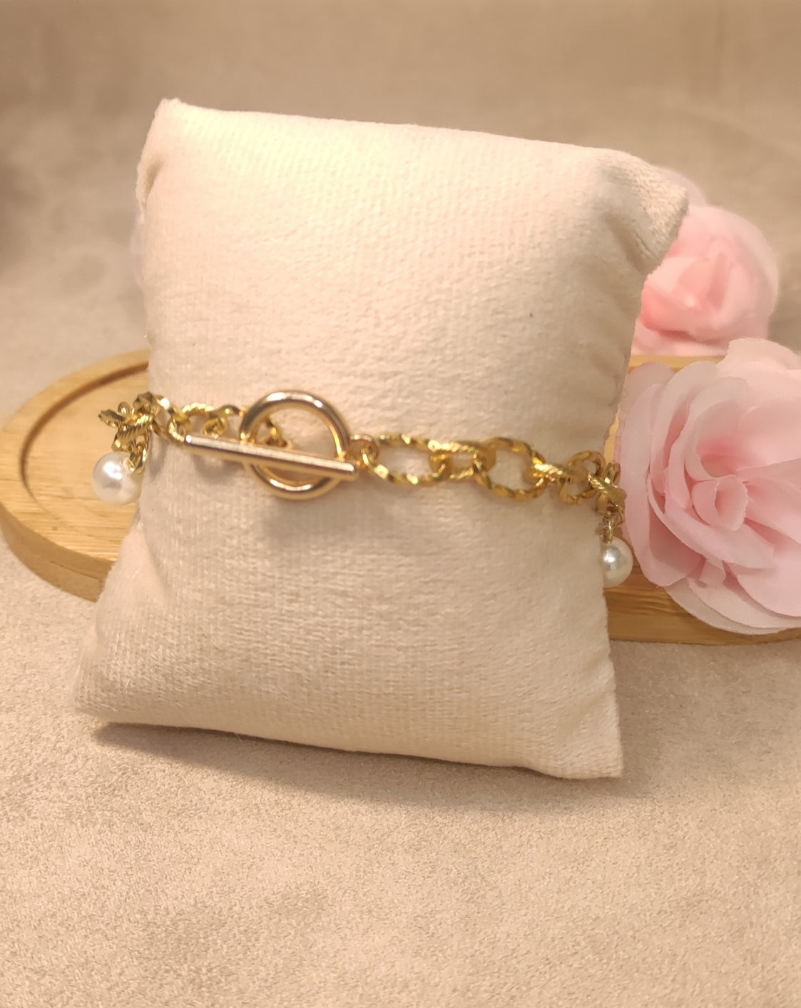 Bracelet Fermoir Bascule Maillons Travaillés Cœur Perles Blanches - Rêve de Rose