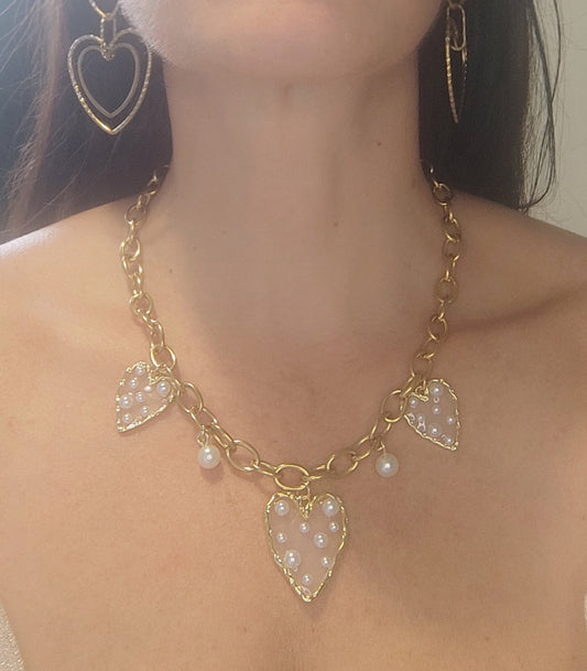 Collier Gros Maillons Dorés Cœurs et Perles Blanches - Rêve de Rose