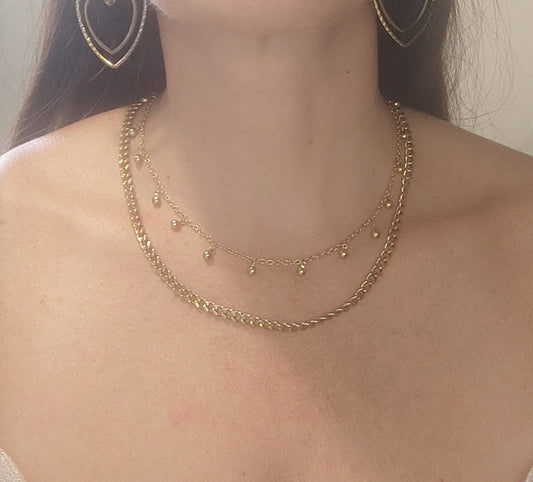 Collier Double Chaîne Doré - Perles Pendantes - Rêve de Rose