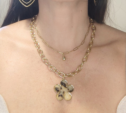 Collier Double Chaînes Maillons Fleur Léopard et Larme Dorée - Rêve de Rose