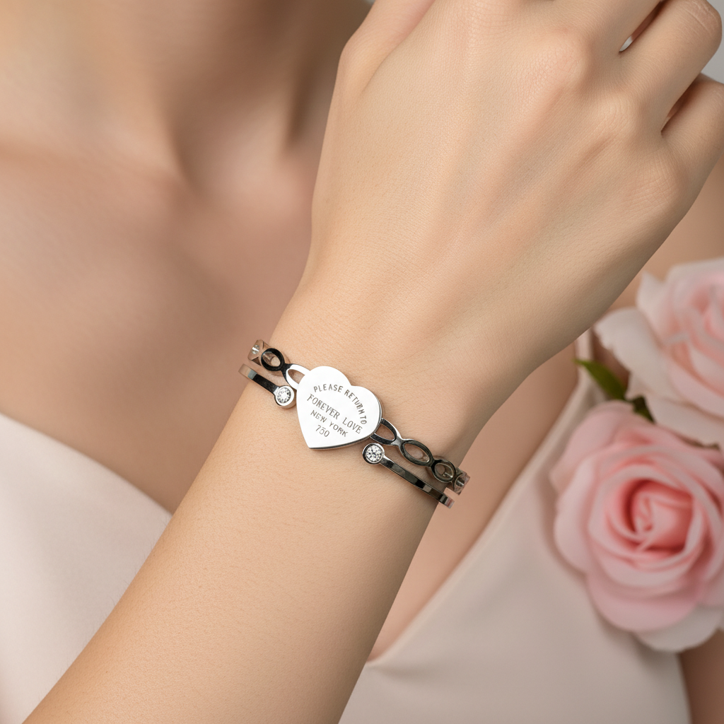 Bracelet Double Chaîne Argenté Cœur Gravé Forever Love - Rêve de Rose