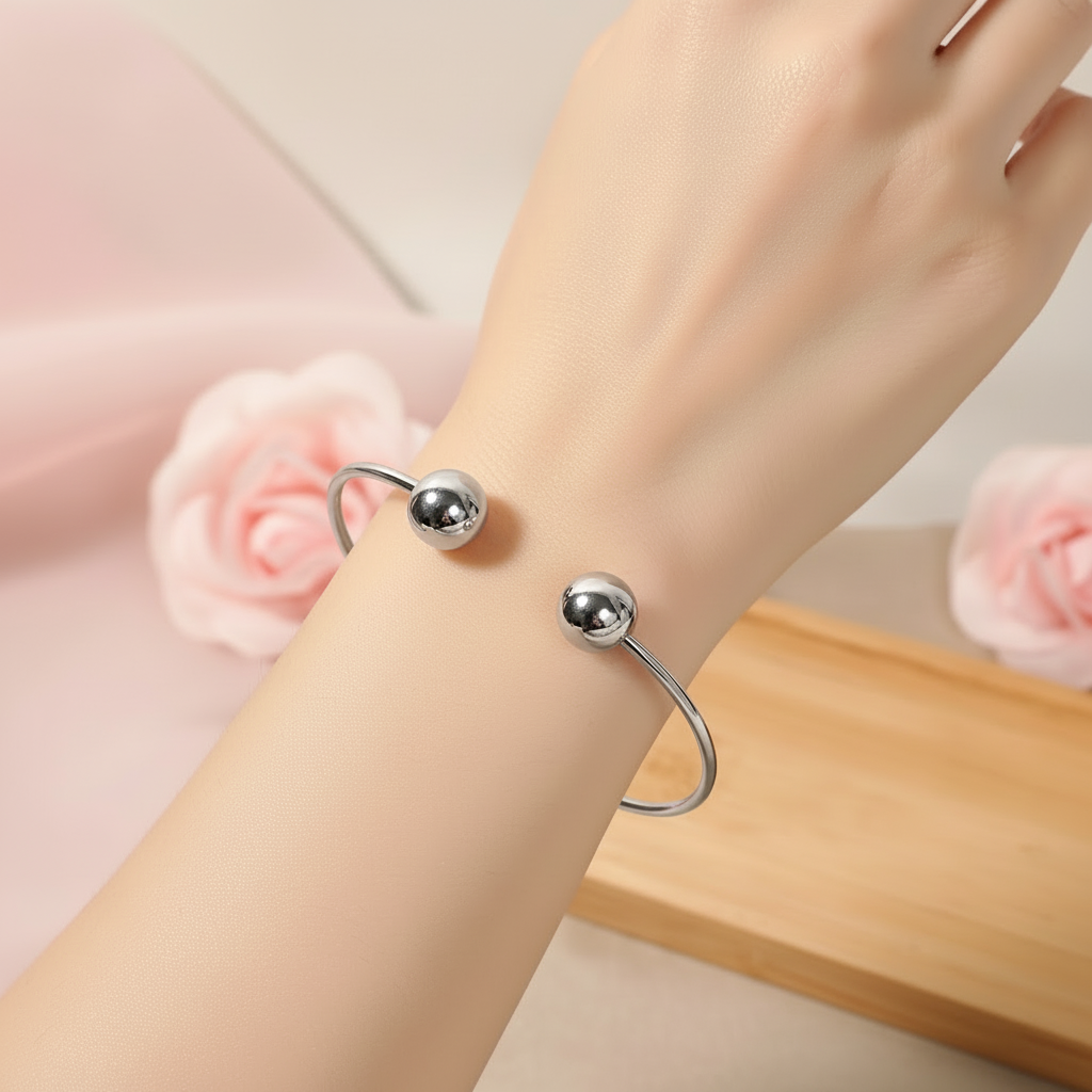 Jonc Ouvert Argenté Boules - Bracelet Rigide Minimaliste - Rêve de Rose
