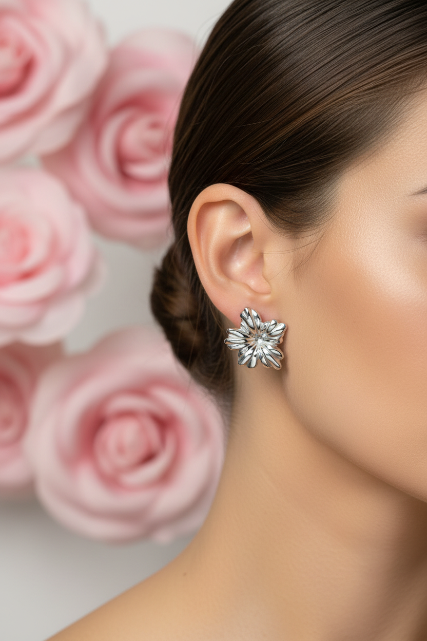 Boucles d'Oreilles Fleur Acier Inoxydable Argenté - Rêve de Rose