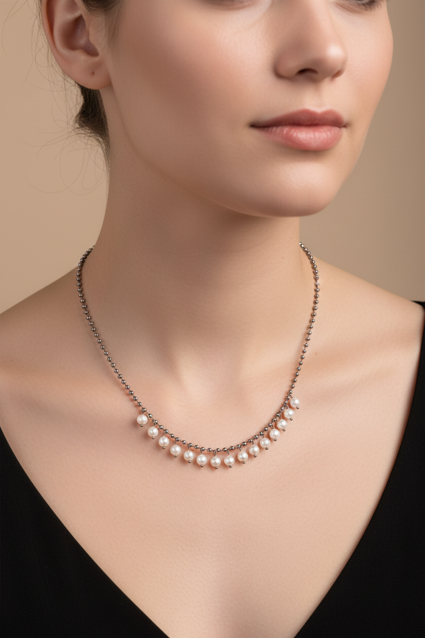 Collier Chaîne Argenté Perles Cristaux Pendantes - Rêve de Rose