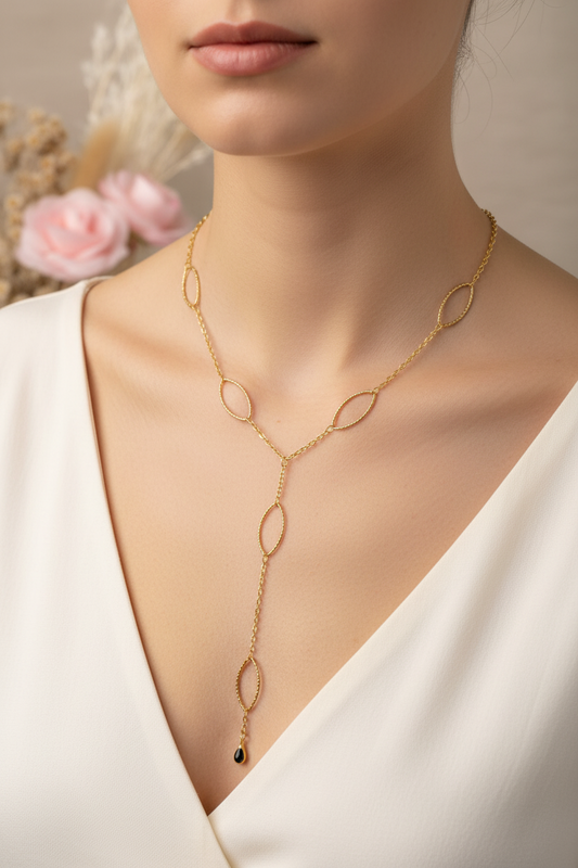 Collier Y Acier Inoxydable Pierre Noire