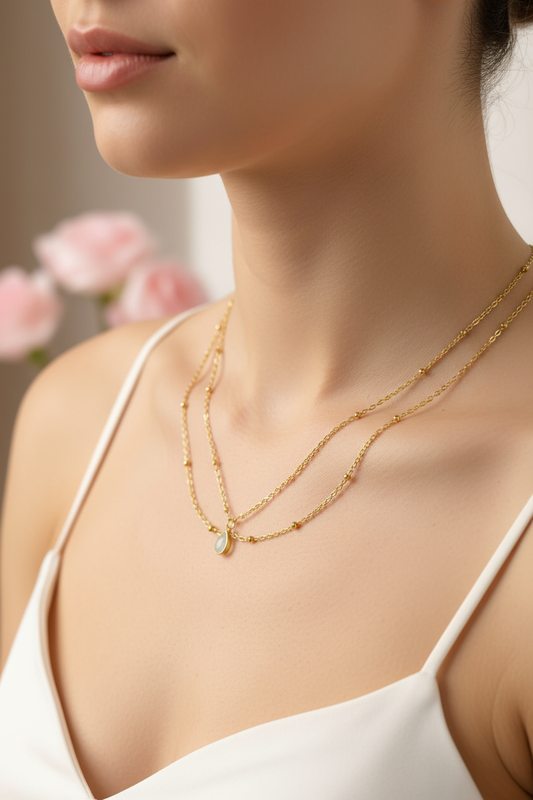 Collier Double Chaîne Charm Pierre Vert Pastel