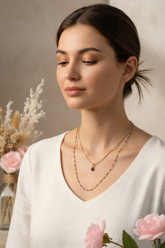 Collier Double Chaîne Petite Pierre Noire