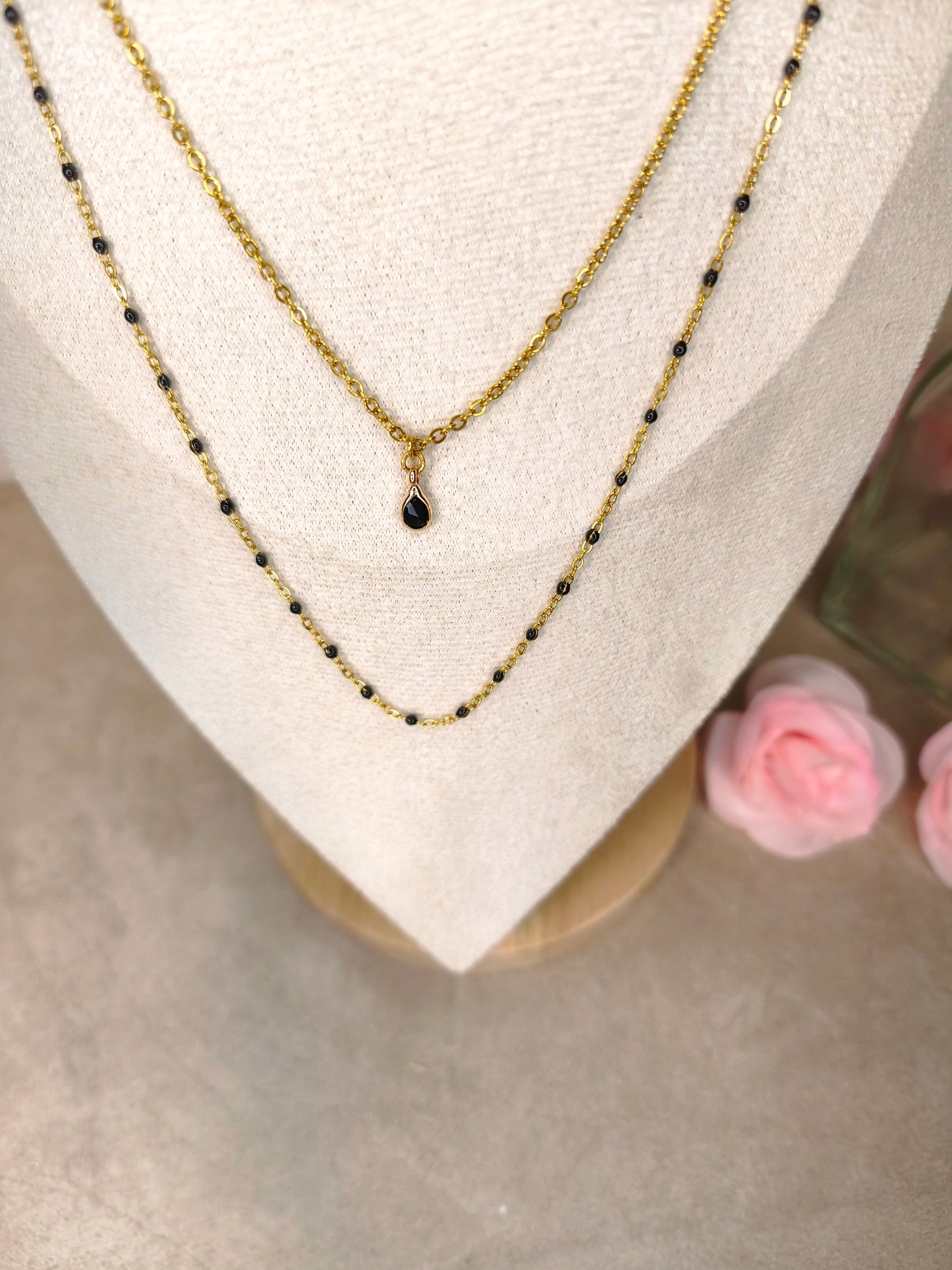 Collier double chaîne dorée et noire avec petite pierre noire - Rêve de Rose