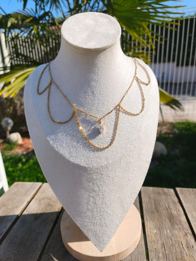 Collier double chaîne en fleur avec pierre scintillante ovale - Rêve de Rose