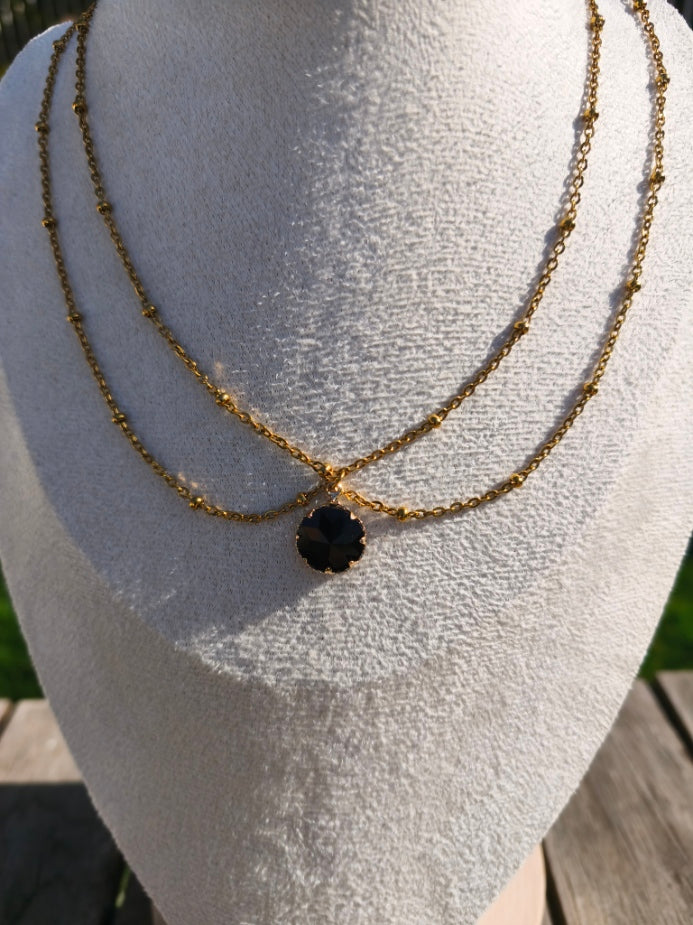 Collier double chaîne dorés avec pierre noire ronde centrale - Rêve de Rose