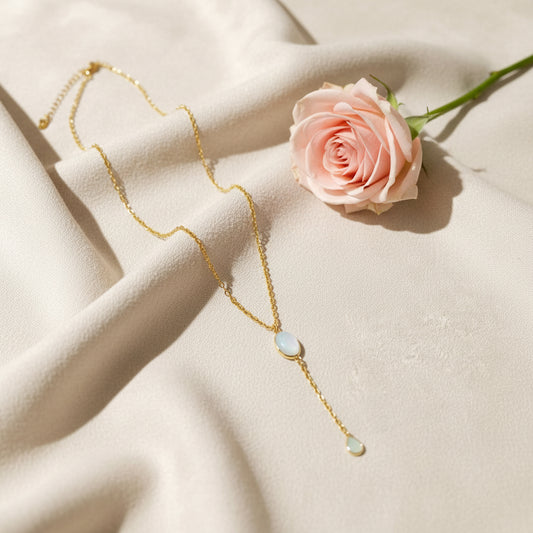 Collier Y avec grosse pierre ovale et petite pierre goutte vertes pastel - Rêve de Rose