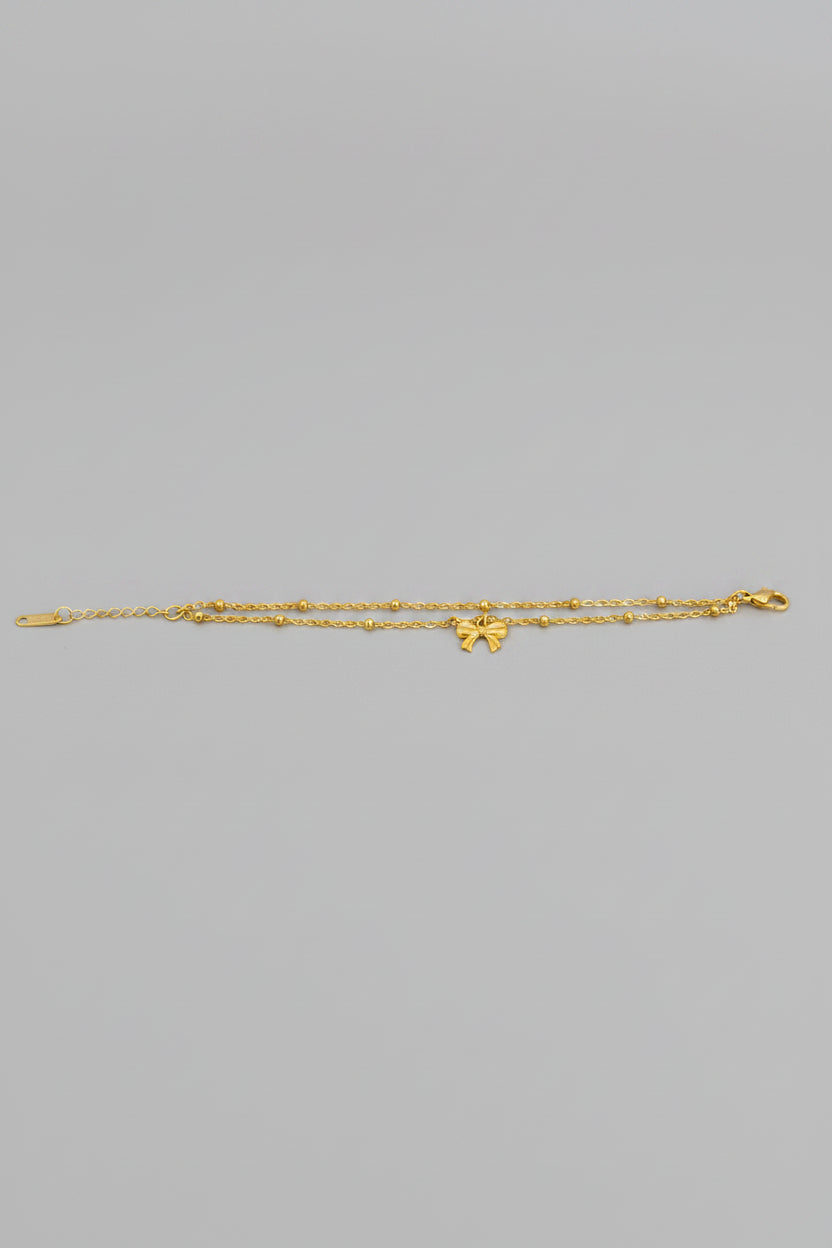 Bracelet double chaîne en acier inoxydable doré, petites perles et charm nœud délicat, chainette de réglage - Rêve de Rose