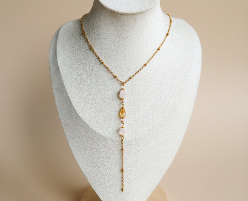 Collier Y Aurore – Acier Inoxydable Doré & 3 Pierres Naturelles | Rêve de Rose
