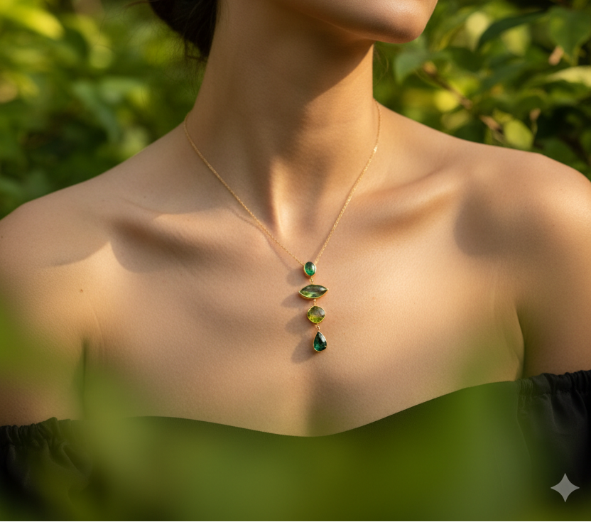 Collier Verdia porté – pendentif trio de cristaux verts sur chaîne dorée en acier inoxydable, présenté sur un buste blanc