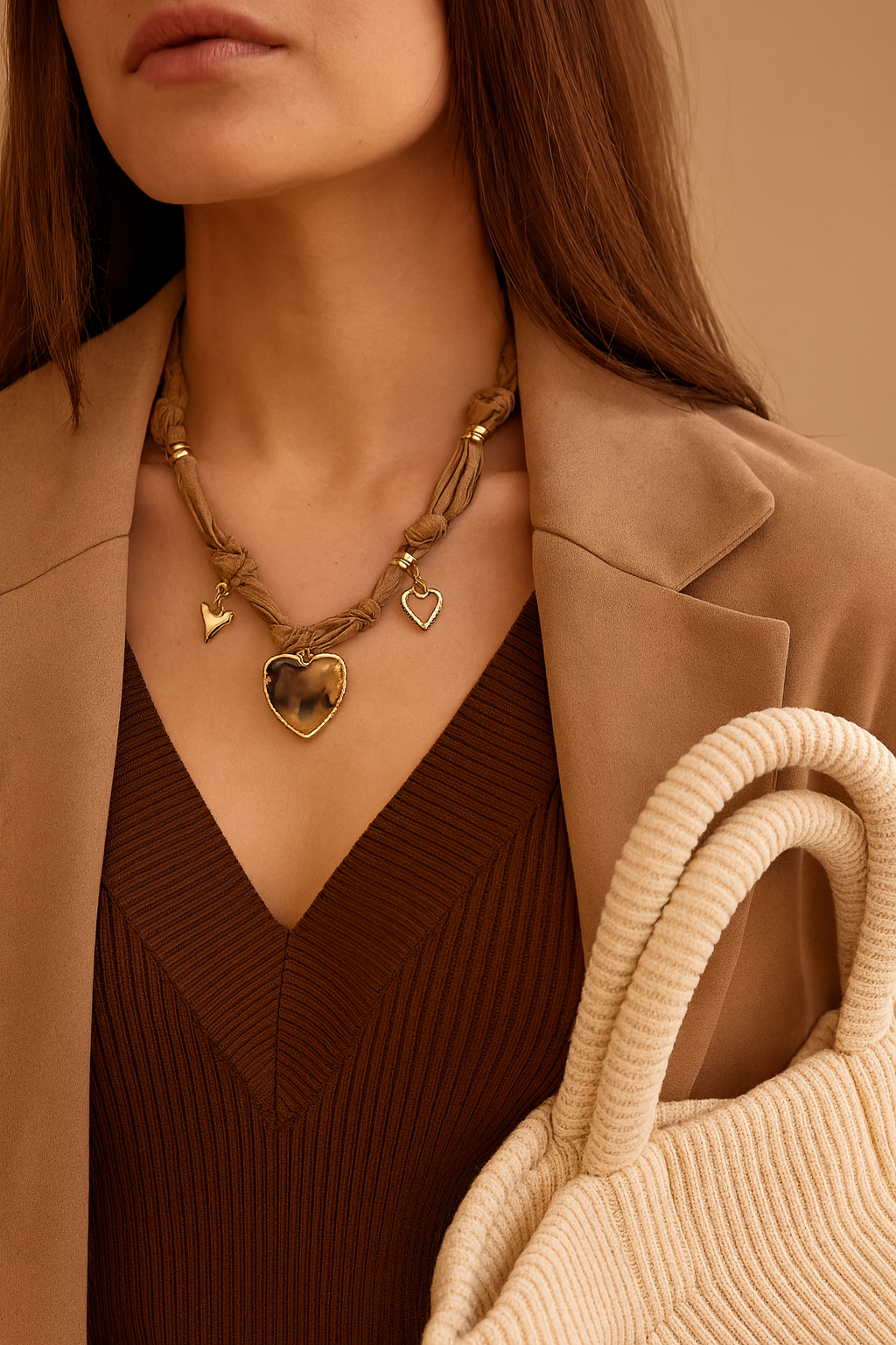 Femme portant un collier en tissu satiné beige avec un pendentif gros cœur léopard et 2 cœurs dorés - Rêve de Rose