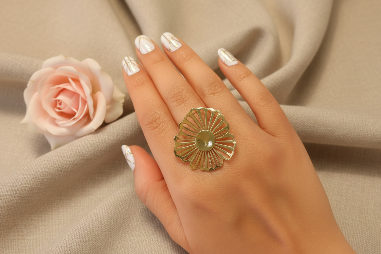 Femme portant Bague Ajustable Dorée Grande Fleur Acier Inoxydable - Rêve de Rose