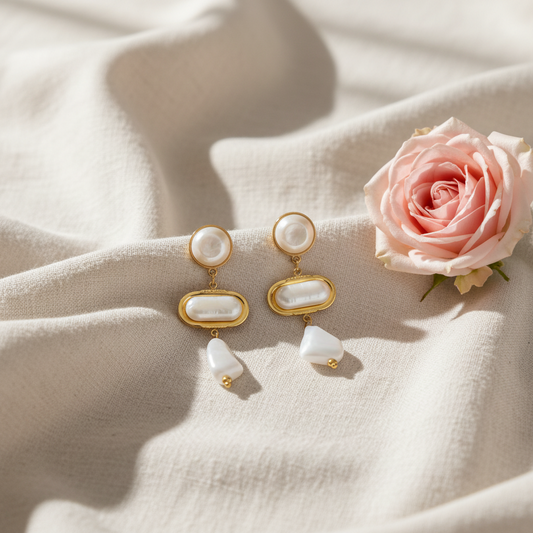 Boucles d'oreilles pendantes avec pierres rondes ovale en résine blanche - Rêve de Rose