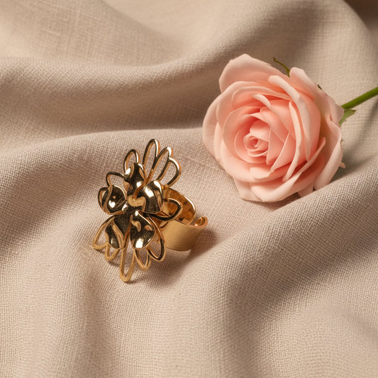 Bague ajustable grosse fleur en acier inoxydable - Rêve de Rose