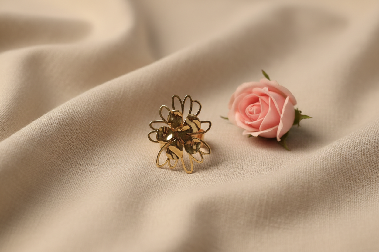Bague ajustable grosse fleur en acier inoxydable - Rêve de Rose
