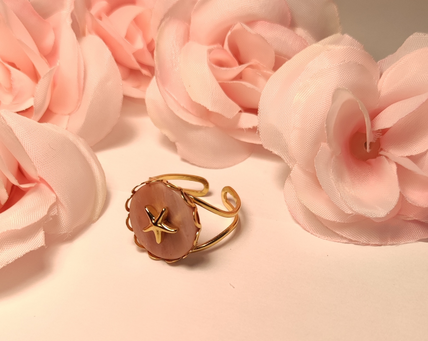 Bague Ajustable Dorée Pierre Naturelle Étoile Acier Inoxydable - Rêve de Rose
