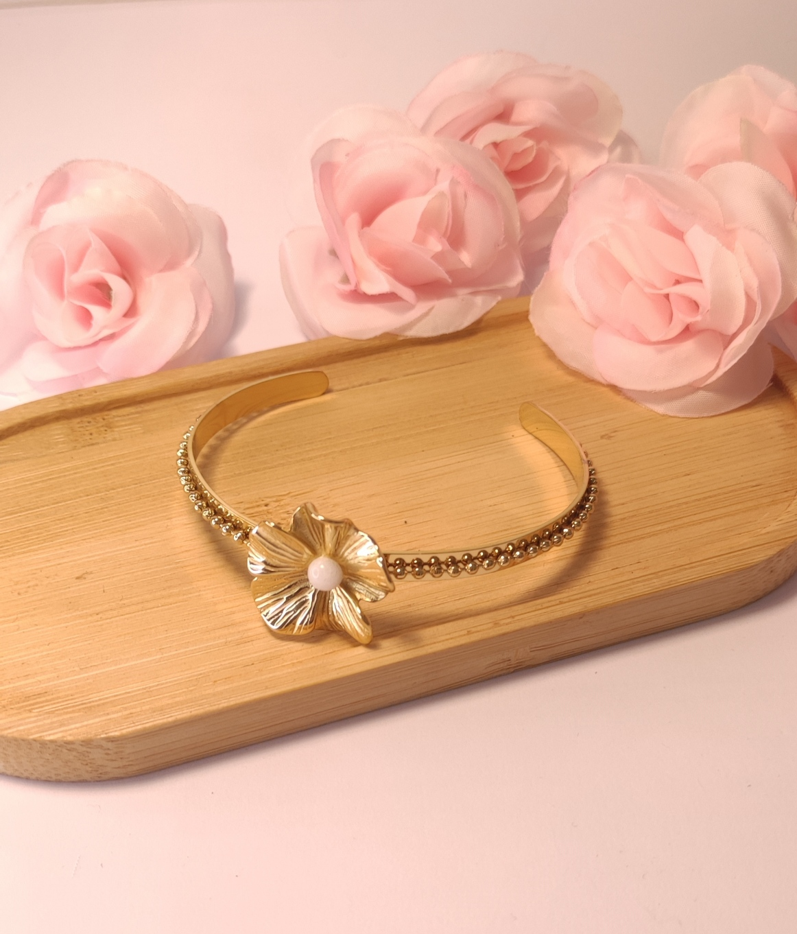 Jonc Doré Fleur et Perle Raffinée - Rêve de Rose