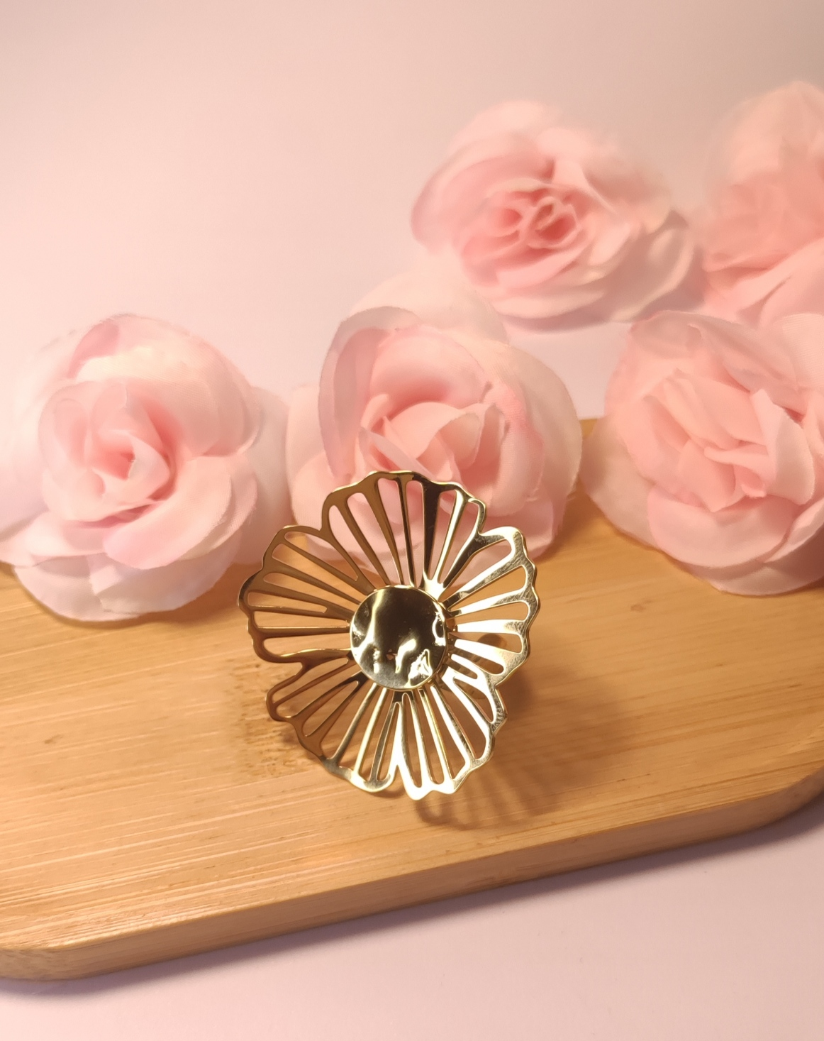 Bague Ajustable Dorée Grande Fleur Acier Inoxydable - Rêve de Rose