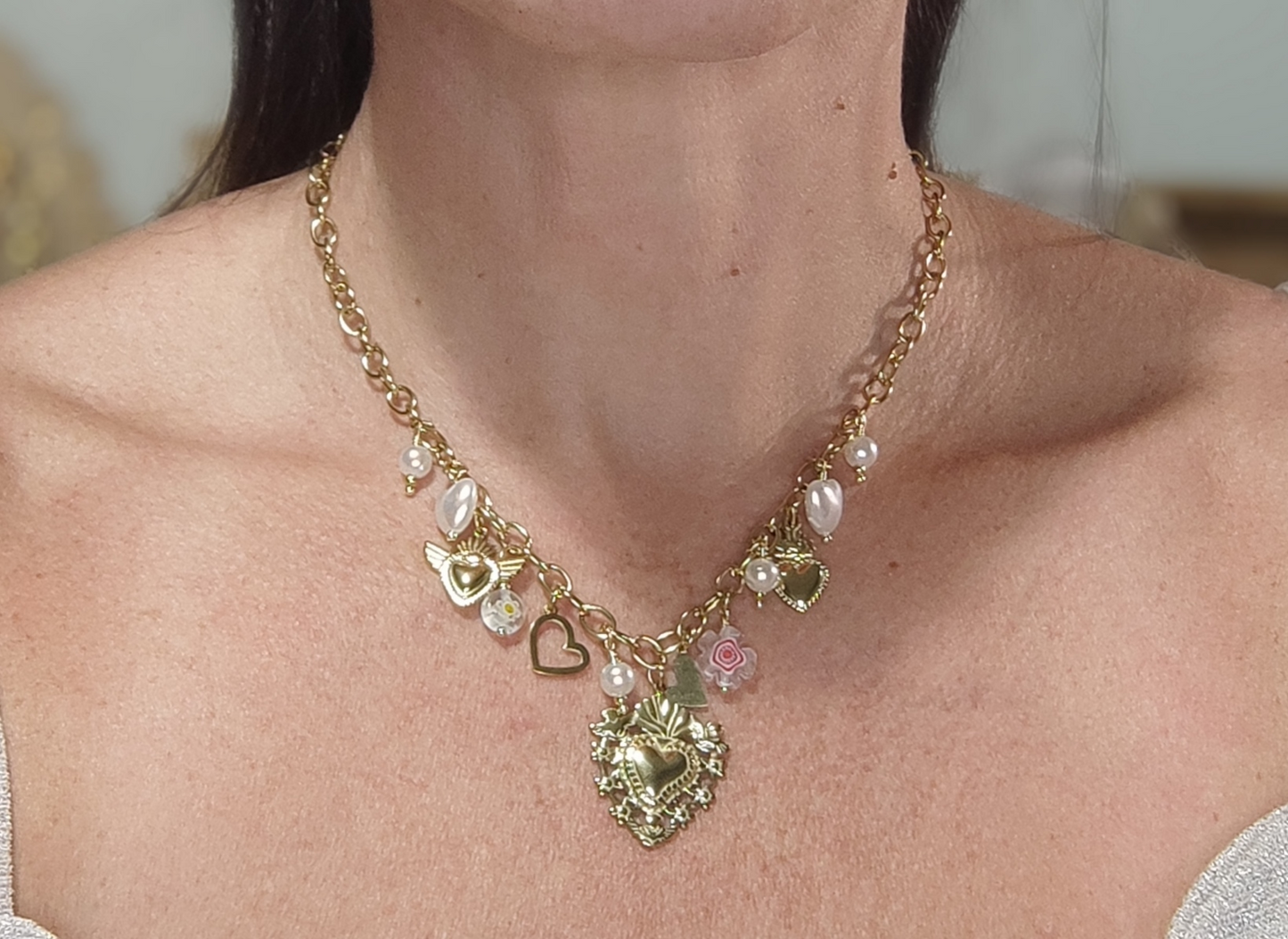 Collier Doré Cœur et Perles Blanches - Rêve de Rose