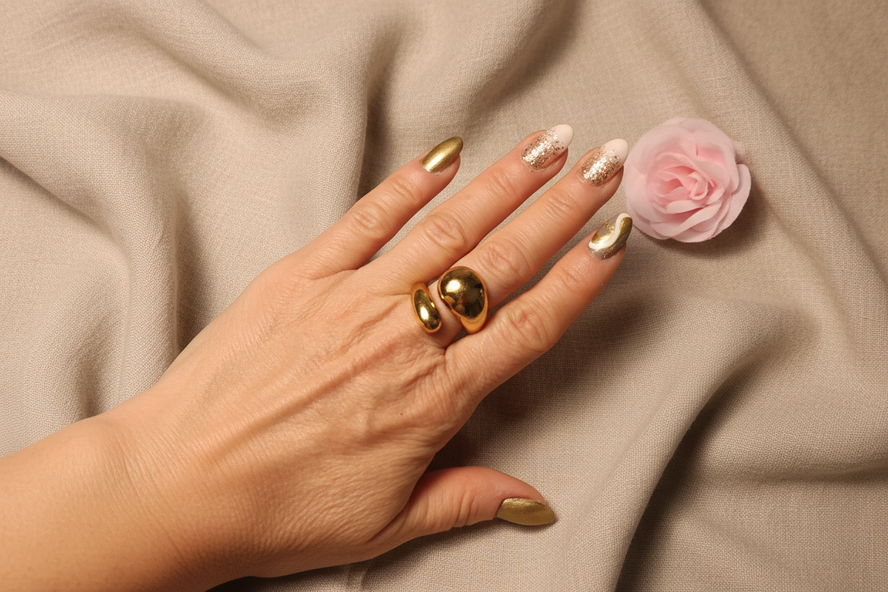 Femme portant Bague Ajustable Dorée Asymétrique Épaisse Acier Inoxydable - Rêve de Rose
