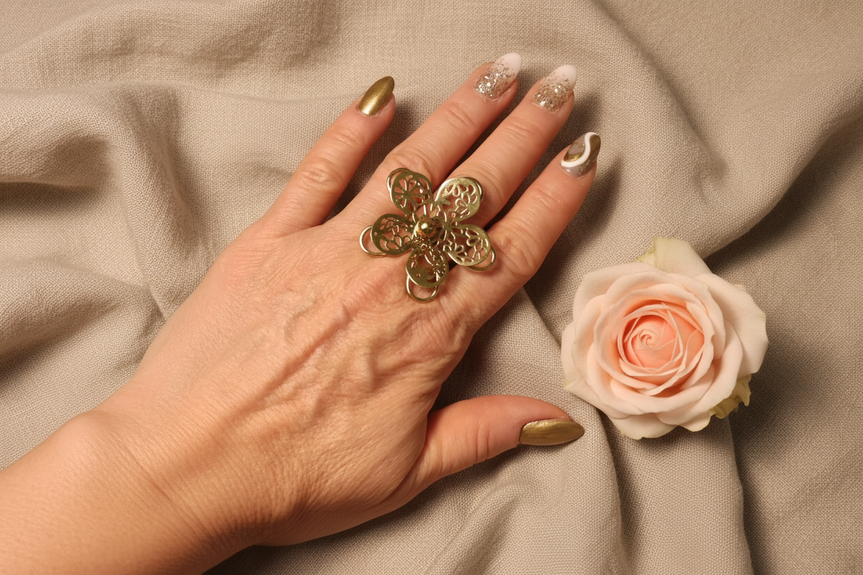 Femme portant Bague Ajustable Dorée Fleur en Relief Acier Inoxydable - Rêve de Rose